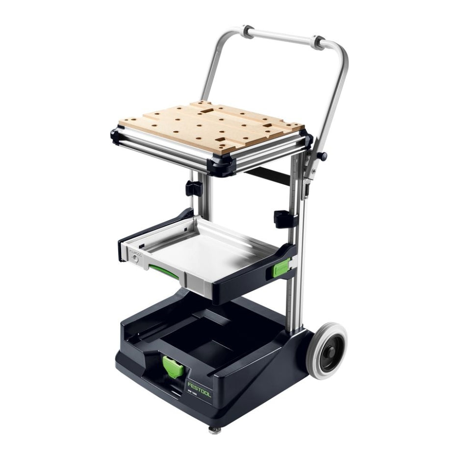 The MW-1000 cart has a stable base with two large wheels at the back, pull-out drawer, top work surface, and handle.