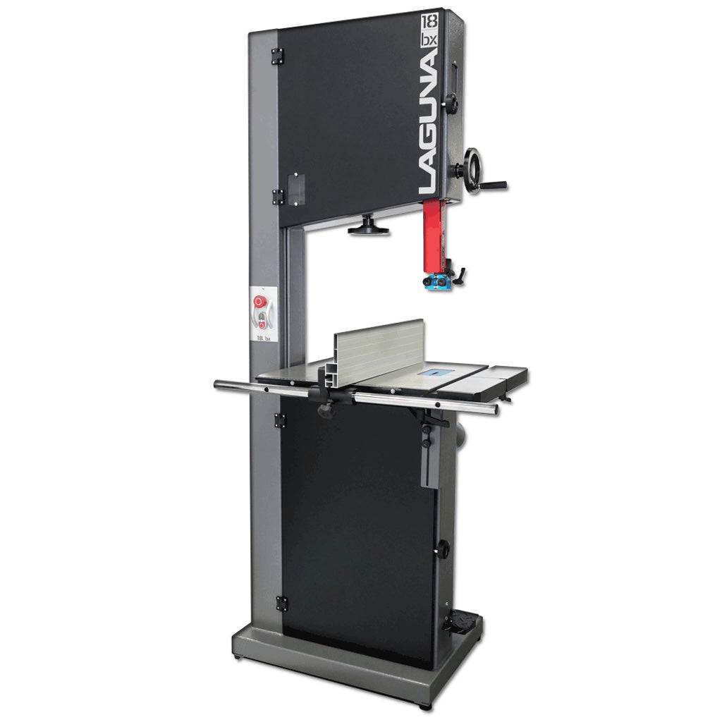 Front right view of Laguna's 18 BX bandsaw showing rear under-table dust port, foot brake, high-low fence, and controls.