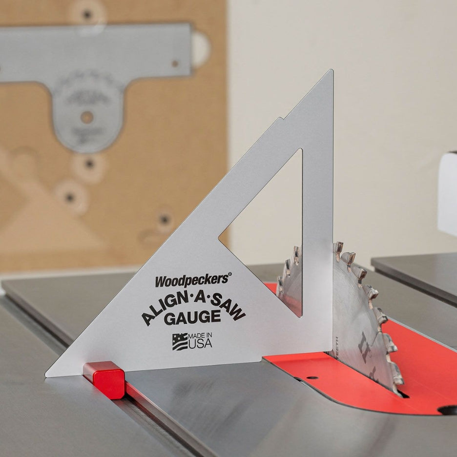 Align-A-Saw Gauge aligned to table saw blade.