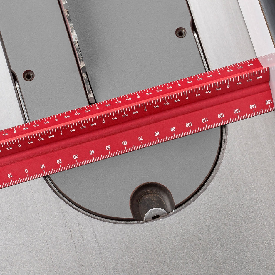 Right-to-left reading scales in both inch and metric simplify table saw set up